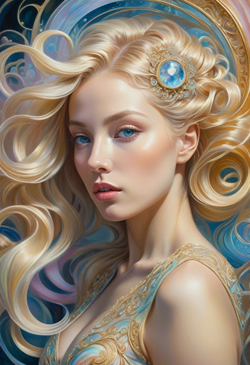 In a mesmerizing swirl of golden filigree and pastel hues, an imposing female figure, flowing blonde hair, sharp, detailed face, expressive, crystalline eyes, an image of an esoteric, Rococo-inspired time portal flourishes, its intricate details suggesting hidden depths beyond. This surreal oil painting transports viewers to a fantastical realm where delicate swirls of color dance with ethereal grace. The level of detail is breathtaking, each brushstroke meticulous and precise, capturing the essence of a bygone era with remarkable precision. This visually stunning masterpiece exudes an aura of mystery and wonder, inviting exploration of its enigmatic secrets.