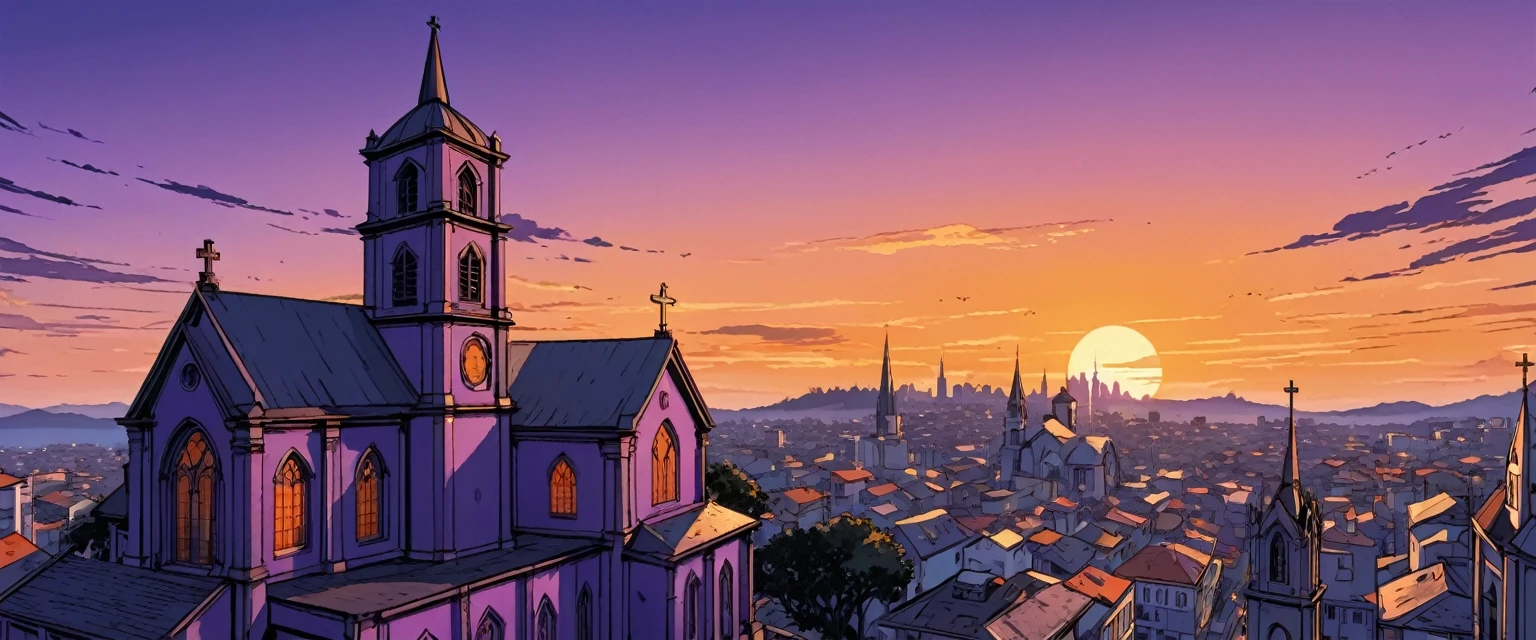 youtube banner, a big cross, Framing to the left, on top of a church, wearing a tactical suite, Comic books, comics, com uma lua cheia atrás de um fundo em twilight, cities, vista contra diving , in 4k high definition, purple and orange colors, twilight, (((High quality)))