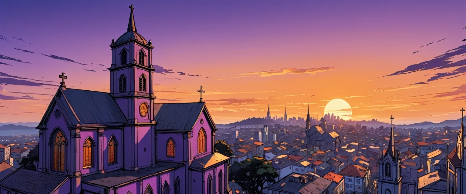 youtube banner, a big cross, Framing to the left, on top of a church, wearing a tactical suite, Comic books, comics, com uma lua cheia atrás de um fundo em twilight, cities, vista contra diving , in 4k high definition, purple and orange colors, twilight, (((High quality)))