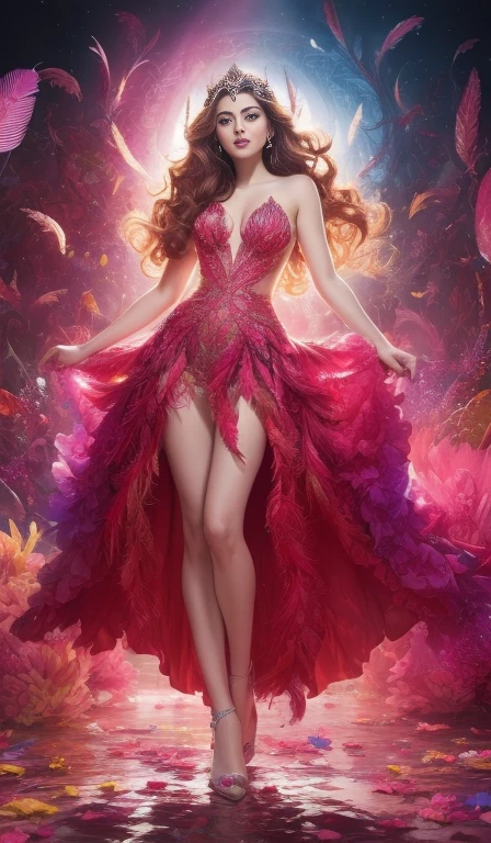 (best quality, masterpiece), 1girl, glitter, dress, particle, wind, flower, upper body, looking at viewer, blonde, the highest quality,masterpiece, Ultra high résolution,(réel:1.4),Photo originale,Ultra high résolution，8k，Il y a sublime femme surfeuse, peau claire, Maquillage exquis，Grandes vagues，Robe de soirée sublime :1.5, sublimes Longues jambes, Lumineux et beau, surf dans la vague fractale, à l'intérieur de la vague, erjie, girl in a fluid and dynamic pose, wearing a loose, flowing pink dress, mysterious expression, curly black and pink hair, [Zhang Ziyi|Aishwarya Rai], in a modern and abstract setting, with bold and colorful abstract art, blurred background, bright lighting, official art, unity 8k wallpaper, (zentangle, mandala, tangle, entangle), intricate clothes,zhongfenghua (full body,from everywhere,masterpiece, top quality, best quality, official art, beautiful and aesthetic:1.2), extremely detailed,(fractal art:1.1),(colorful:1.1)(flowers:1.3),highest detailed,(zentangle:1.2), (dynamic pose), (abstract background:1.3), (shiny skin), (many colors:1.4), (feathers:1.5), dynamic angle, the most beautiful form of chaos, elegant, a brutalist designed, vivid colours, romanticism,