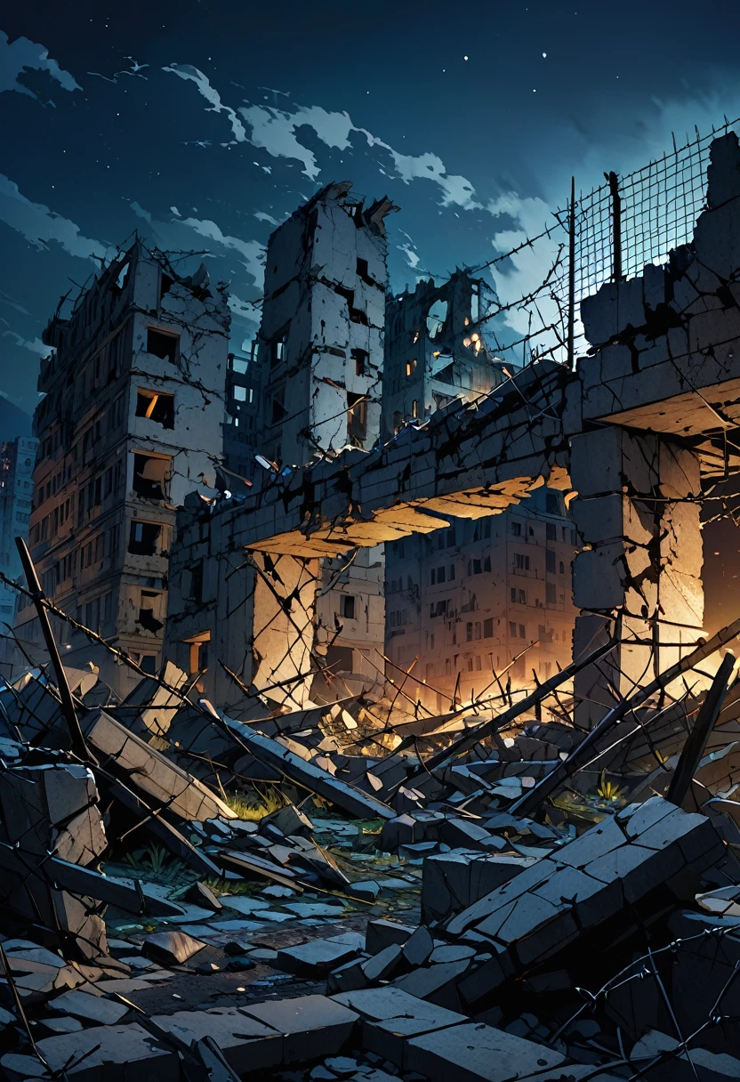 Destroyed city ruins, Barbed wire, at night