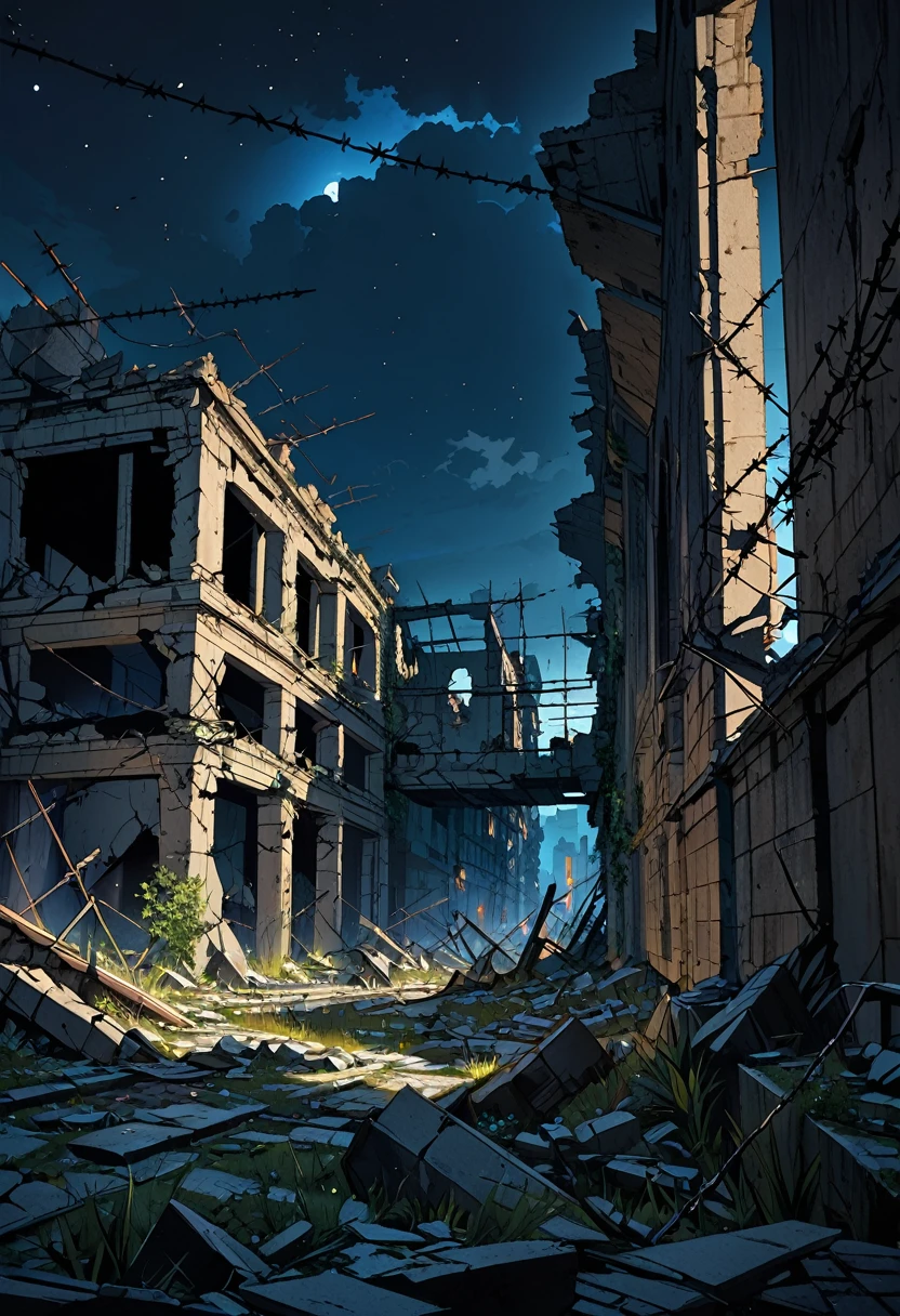 Destroyed city ruins, Barbed wire, at night 