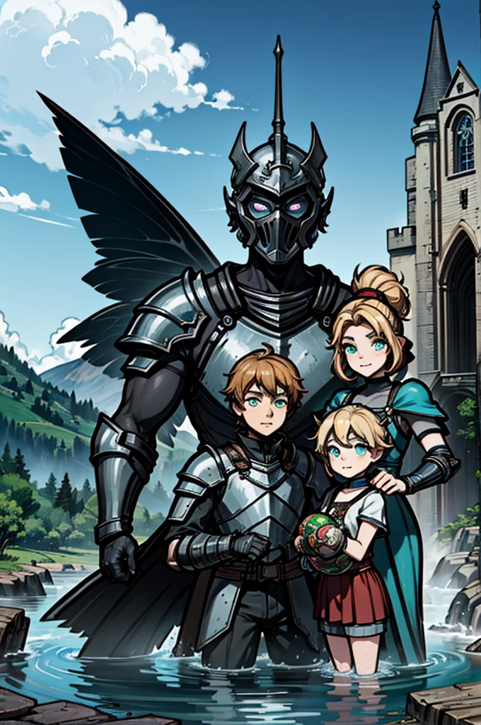 ((realisitic)), tomada movie theatertográfica, movie theater, photo referenced, mais high qualiy, high qualiy, (detailed face and eyes:1.1), a huge knight wearing black armor, ((intrikate helmet)), Face mask armor, ((eyes large)), black sclera, the rural areas, greeneyes, underground dispersal, intrikate (high détail), ((cute)), (skin detailed:1.1), shining skin, fotorrealism, volumetric lighting, magical circles, a castle in the background, dark blonde hair, fairy wings naughty, naughty man, masculine, 18-years old, little boy, bonitas, with a small mustache and goatee, controlling waters, com fairy wings naughty, bonitas, ultrarealisitic