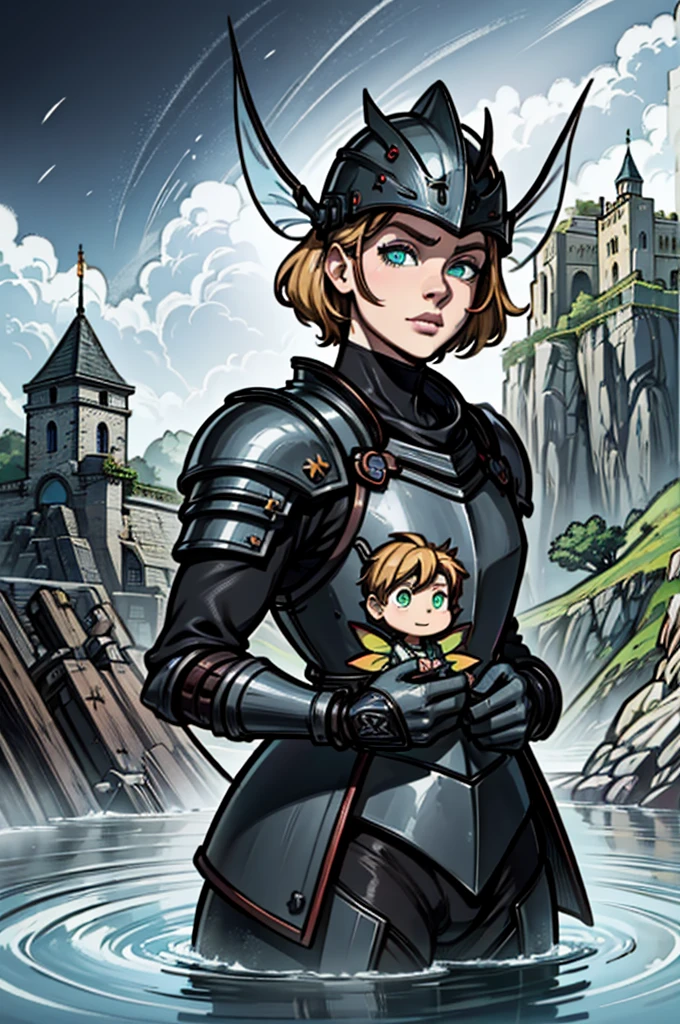 ((realisitic)), tomada movie theatertográfica, movie theater, photo referenced, mais high qualiy, high qualiy, (detailed face and eyes:1.1), a huge knight wearing black armor, ((intrikate helmet)), Face mask armor, ((eyes large)), black sclera, the rural areas, greeneyes, underground dispersal, intrikate (high détail), ((cute)), (skin detailed:1.1), shining skin, fotorrealism, volumetric lighting, magical circles, a castle in the background, dark blonde hair, fairy wings naughty, naughty man, masculine, 18-years old, little boy, bonitas, with a small mustache and goatee, controlling waters, com fairy wings naughty, bonitas, ultrarealisitic