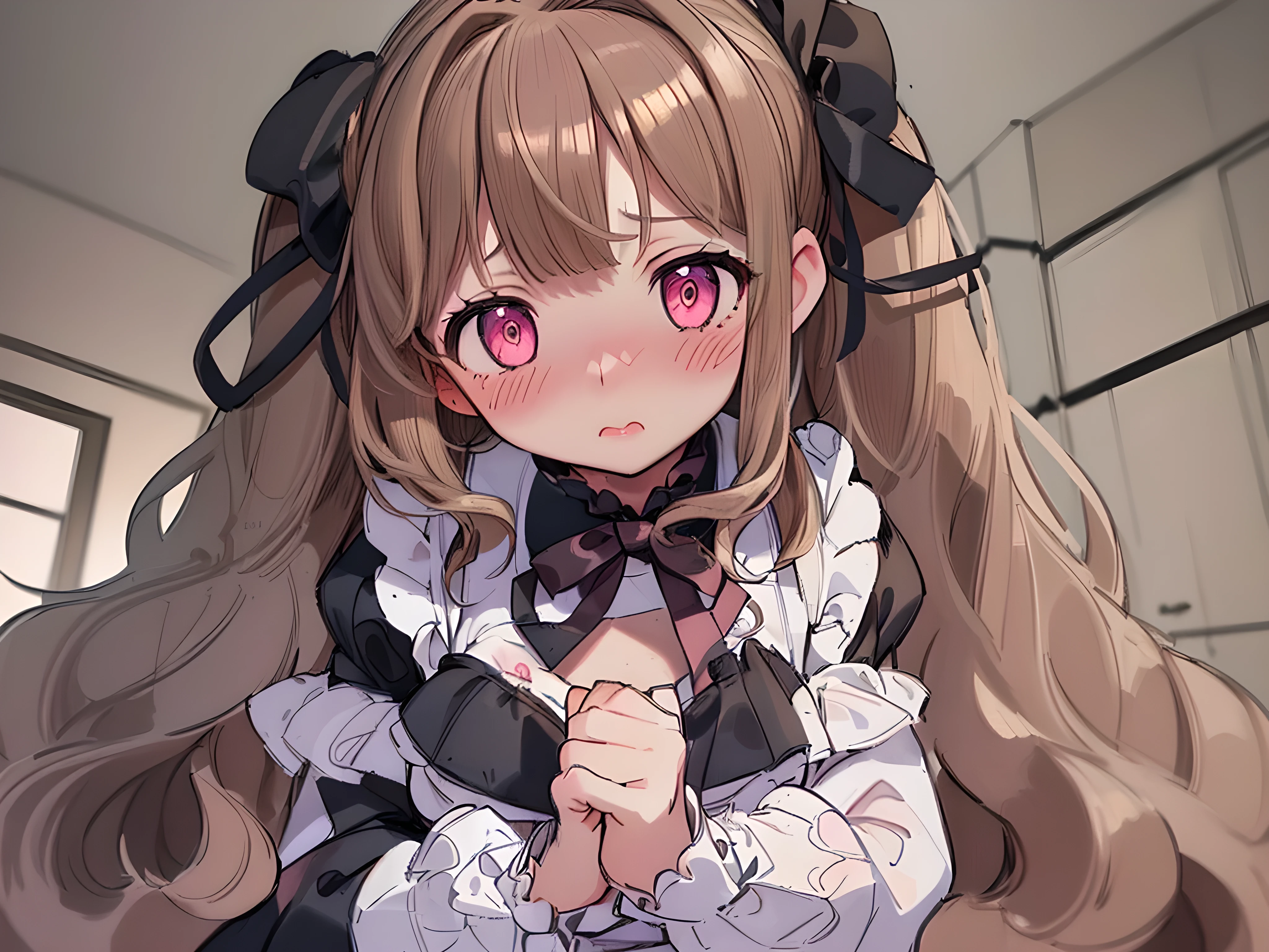 masterpiece, Highest quality, Very detailed, One girl, evaluation: Sensitive, ((Gothic Lolita Fashion, Black clothes, Frills)), ((Change of clothes, Open clothes, Unfinished garment, White bra, White panties)), (((17 years old, Pink Eyes, Cute eyes, Highlight Eyes:1.2, Very cute face, Hair Ribbon, Detailed Hair, Light brown hair, Long, thick, wavy twin tails:1.2, bangs, Medium chest, blush:1.3, shy:1.2, Lips parted))), Look at your own hands, View from below, ((Cowboy Shot)),Naked