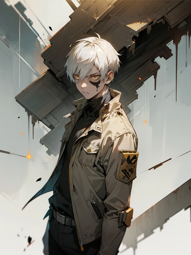 1 boy, zombie apocalyptic suit, golden eyes, short hair, white hair, serious look, abandoned city background, ash particles as decoration.