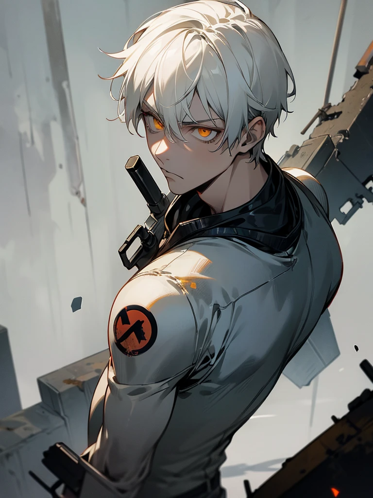 1 boy, zombie apocalyptic suit, golden eyes, short hair, white hair, serious look, abandoned city background, ash particles as decoration.