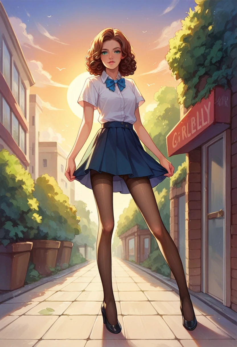 Jennifer Connelly, long curly hair, very tiny miniskirt, pantyhose crotch, candid upskirt, sun shiny day