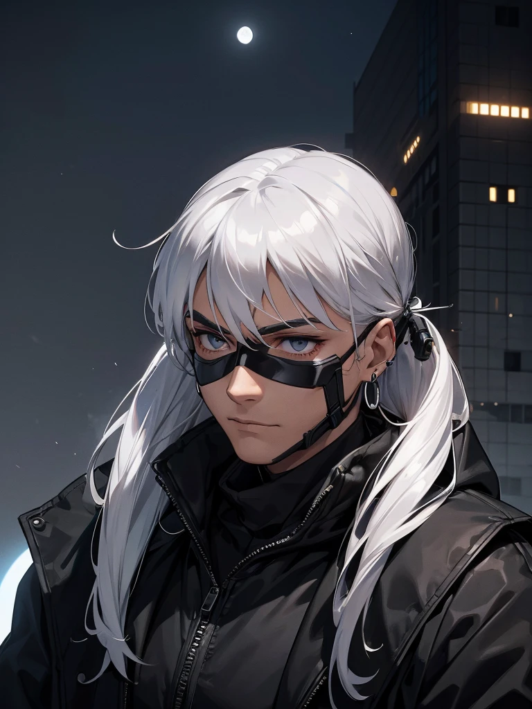 masked spy wearing all black clothing, with his entire face covered by a cybernetic mask, with white hair, with silver hoop earrings in his ear, on top of a building with the moon in the background