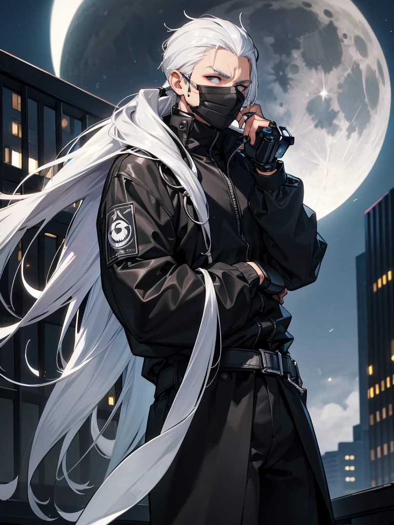 masked spy wearing all black clothing, with his entire face covered by a cybernetic mask, with white hair, with silver hoop earrings in his ear, on top of a building with the moon in the background