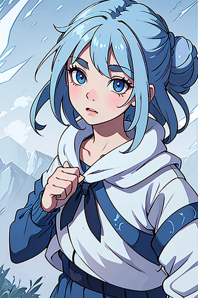 Makes an anime girl with blue hair and eyes with a medium white bun on top of her head wearing casual blue and white revealing sorcerer clothes in a meadow with ice magic on the tips of her hair