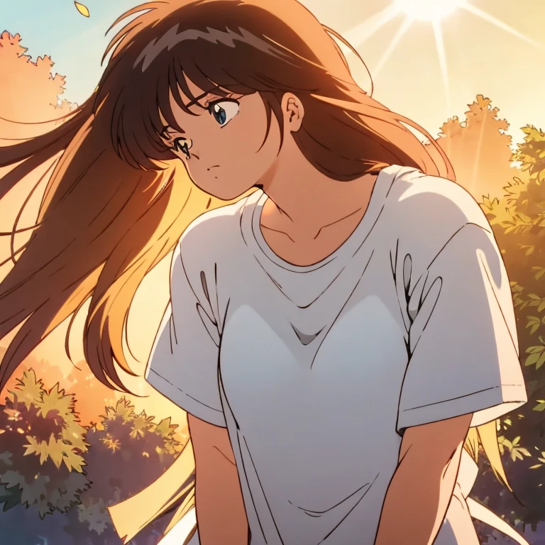 A long hair woman in a white T-shirt looks up at an angle, shielding herself from the dazzling sunlight with her hands. The composition is one looking down on her from above, こちらを見る,