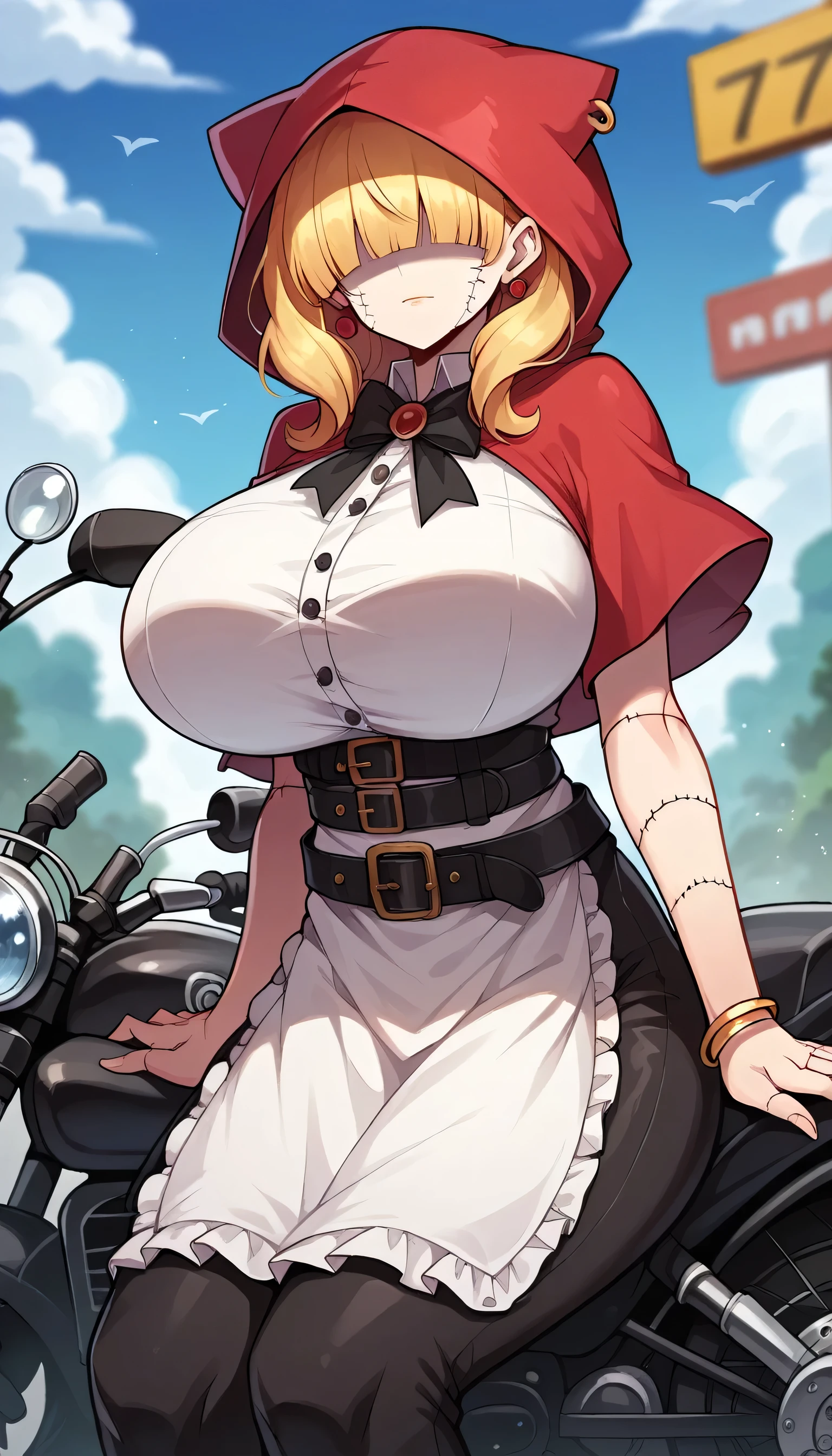 chaperomon
,1girl,solo,red hood,dress,apron,bowtie,belt,blonde hair,hair over eyes,shaded face,stitches,blurry, depth of field, blurry foreground, blurry background, jewelry, necklace, motion blur, blue sky, sky, 1girl, cloud, bracelet, ground vehicle, motor vehicle, , motorcycle, sitting, earrings, day, solo focus, looking at viewer, outdoors, cloudy sky,huge breasts