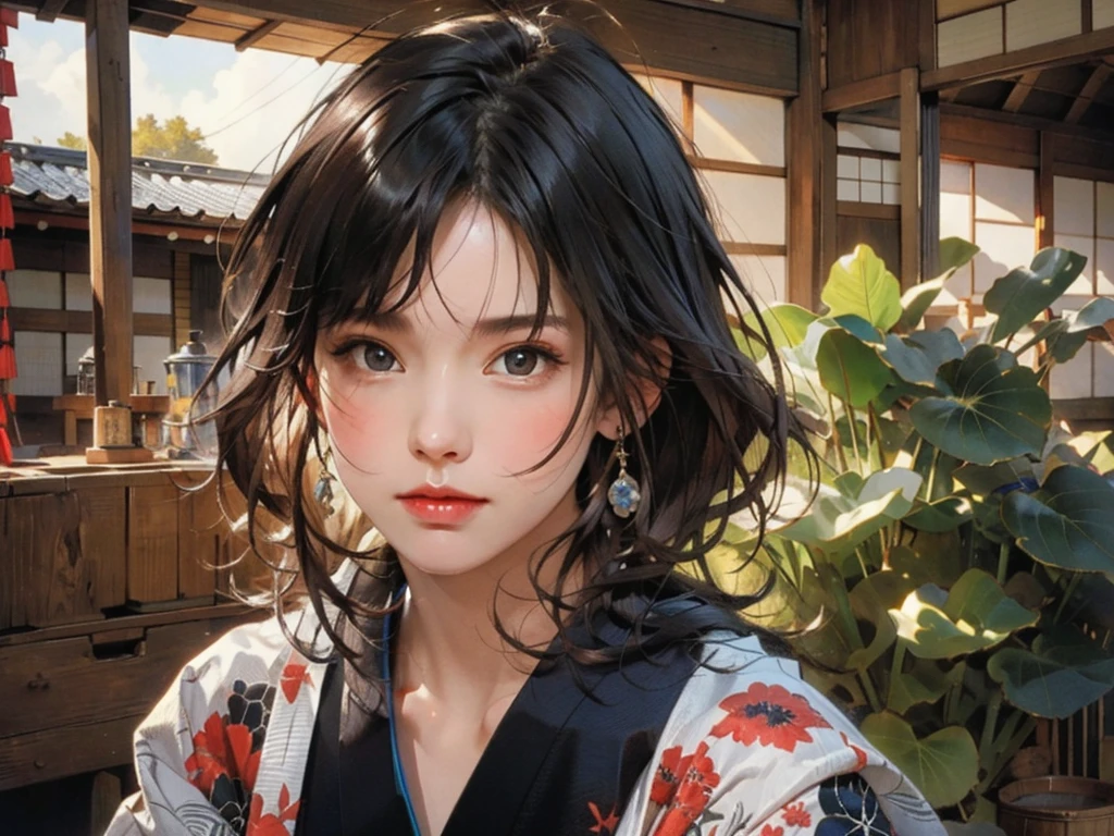 (highest quality、8k、32k、masterpiece)、(masterpiece, up to date,Exceptional:1.2), Anime, One girl,Front hair,black_hair, Beautiful 8k eyes,Looking_in_Audience,One person in,Are standing,((Very beautiful woman, Fuller lips, Japanese pintern kimono))、((Colorful Japanese kimono)))、(((Medium Shot)))、Blunt bung、(High resolution)、Very beautiful face and eyes、1 girl 、Round and small face、Narrow waist、delicine body、(highest quality high detail Rich skin details)、(highest quality、8k、Oil paints:1.2)、Very detailed、(Realistic、Realistic:1.37)、Bright colors、(((blackhair)))、(((longhair)))、(((cowboy pictures)))、((( Inside an old Japanese house)))、(masterpiece, highest quality, highest quality, Official Art, beautifully、aesthetic:1.2), (One girl), Very detailedな,(Fractal Art:1.3),colorful,Most detailed,Sengoku period(High resolution)、Very beautiful face and eyes、1 girl 、Round and small face、Tight waist、Delicine body、(highest quality high detail Rich skin details)、(highest quality、8k、Oil paints:1.2)、(Realistic、Realistic:1.37)、Greg Rutkowski Written by Alphonse Mucha Ropp, sun lips