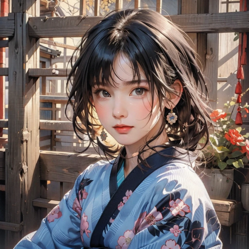 (highest quality、8k、32k、masterpiece)、(masterpiece, up to date,Exceptional:1.2), Anime, One girl,Front hair,black_hair, Beautiful 8k eyes,Looking_in_Audience,One person in,Are standing,((Very beautiful woman, Fuller lips, Japanese pintern kimono))、((Colorful Japanese kimono)))、(((Medium Shot)))、Blunt bung、(High resolution)、Very beautiful face and eyes、1 girl 、Round and small face、Narrow waist、delicine body、(highest quality high detail Rich skin details)、(highest quality、8k、Oil paints:1.2)、Very detailed、(Realistic、Realistic:1.37)、Bright colors、(((blackhair)))、(((longhair)))、(((cowboy pictures)))、((( Inside an old Japanese house)))、(masterpiece, highest quality, highest quality, Official Art, beautifully、aesthetic:1.2), (One girl), Very detailedな,(Fractal Art:1.3),colorful,Most detailed,Sengoku period(High resolution)、Very beautiful face and eyes、1 girl 、Round and small face、Tight waist、Delicine body、(highest quality high detail Rich skin details)、(highest quality、8k、Oil paints:1.2)、(Realistic、Realistic:1.37)、Greg Rutkowski Written by Alphonse Mucha Ropp, sun lips