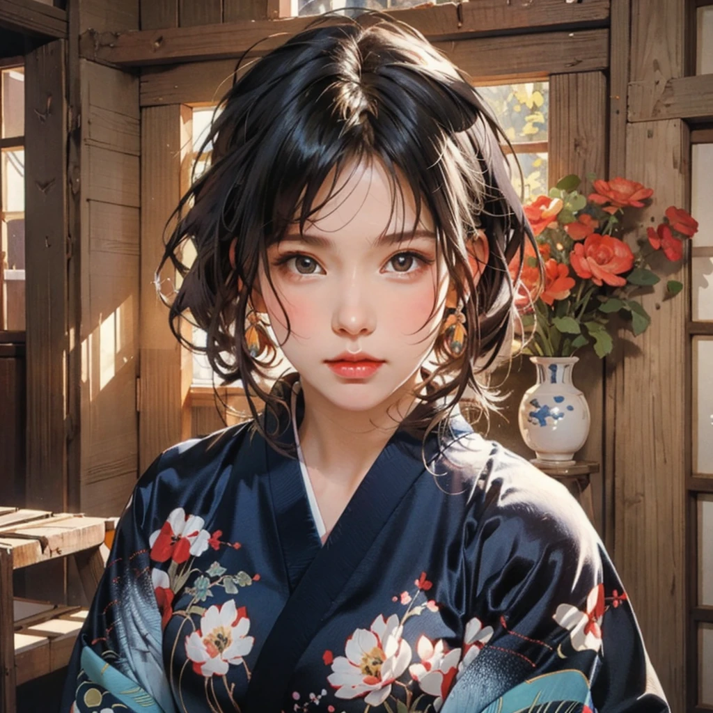 (highest quality、8k、32k、masterpiece)、(masterpiece, up to date,Exceptional:1.2), Anime, One girl,Front hair,black_hair, Beautiful 8k eyes,Looking_in_Audience,One person in,Are standing,((Very beautiful woman, Fuller lips, Japanese pintern kimono))、((Colorful Japanese kimono)))、(((Medium Shot)))、Blunt bung、(High resolution)、Very beautiful face and eyes、1 girl 、Round and small face、Narrow waist、delicine body、(highest quality high detail Rich skin details)、(highest quality、8k、Oil paints:1.2)、Very detailed、(Realistic、Realistic:1.37)、Bright colors、(((blackhair)))、(((longhair)))、(((cowboy pictures)))、((( Inside an old Japanese house)))、(masterpiece, highest quality, highest quality, Official Art, beautifully、aesthetic:1.2), (One girl), Very detailedな,(Fractal Art:1.3),colorful,Most detailed,Sengoku period(High resolution)、Very beautiful face and eyes、1 girl 、Round and small face、Tight waist、Delicine body、(highest quality high detail Rich skin details)、(highest quality、8k、Oil paints:1.2)、(Realistic、Realistic:1.37)、Greg Rutkowski Written by Alphonse Mucha Ropp, sun lips