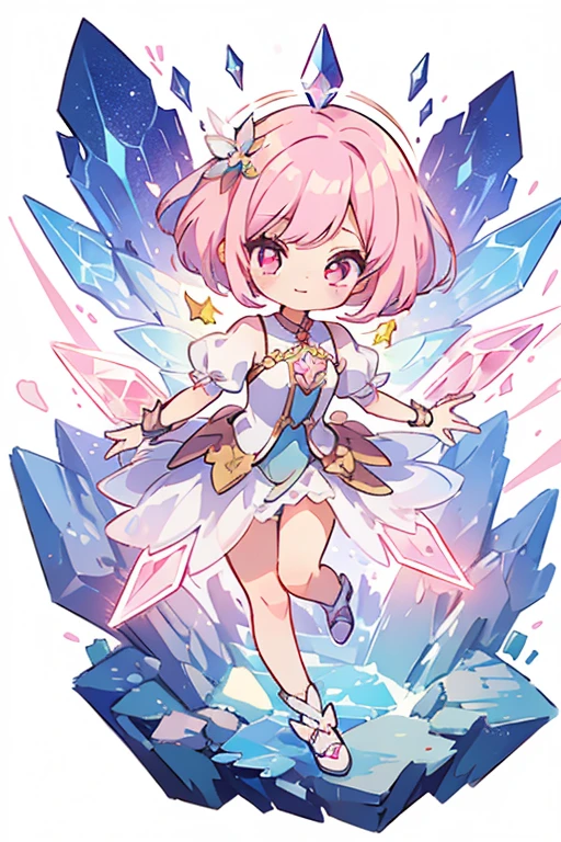 1 small girl, anime style, whole body, little, cute, short pink hair, pink eyes, pastel colors, stars, diamonds, white background, dynamic pose, dynamic composition, girl with a crystal, magical 