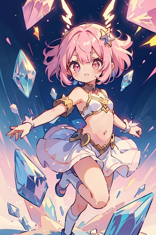 1 small girl, anime style, whole body, little, cute, short pink hair, pink eyes, pastel colors, stars, diamonds, white background, dynamic pose, dynamic composition, girl with a crystal, magical 