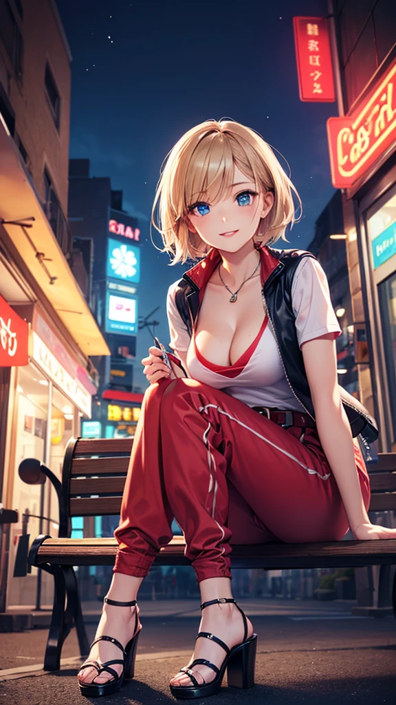 Top quality, realistic, angle from below, city at night, neon lights, backlit, (1 adult female), small breasts, close up of lips, short hair, blowing in the wind, shiny red lips, closed mouth, blue topaz eyes, slanted eyes, smiling, cleavage, sitting on bench, split legs, nylon jacket, loose fitting t-shirt with detailed pattern, loose nylon pants, belt, high heel sandals,