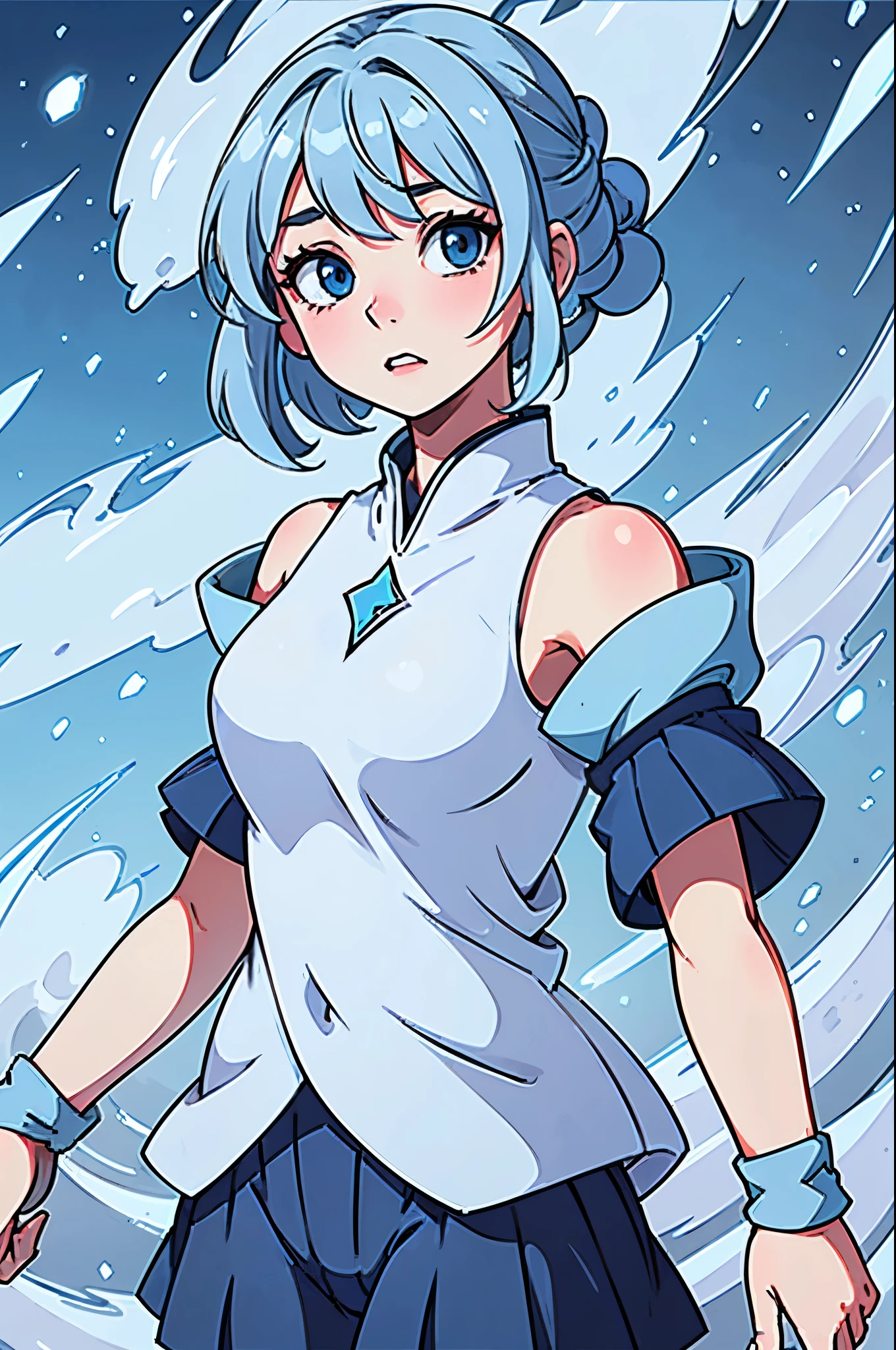 Makes an anime girl with blue hair and eyes with a medium white bun on top of her head wearing casual blue and white revealing sorcerer clothes in a meadow with ice magic on the tips of her hair