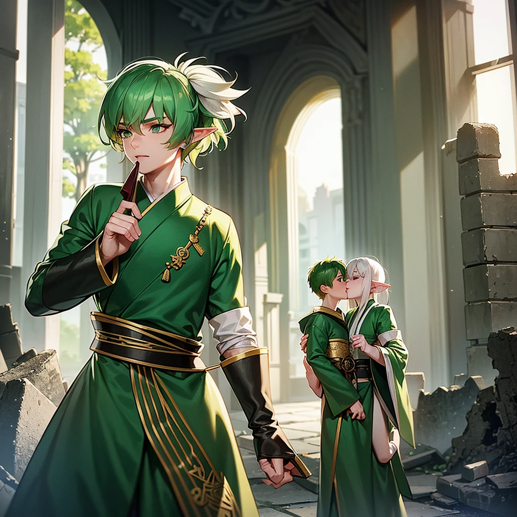 make a boy with white hair and green eyes wearing a kimono kissing an elf girl with green hair and green eyes wearing an archer outfit in front of ruins in dark fantasy aesthetic