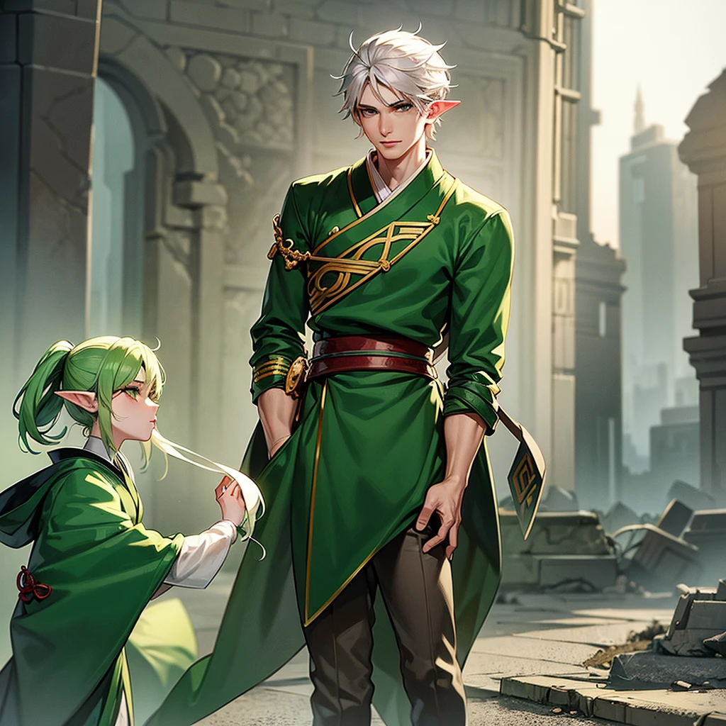 make a boy with white hair and green eyes wearing a kimono kissing an elf girl with green hair and green eyes wearing an archer outfit in front of ruins in dark fantasy aesthetic