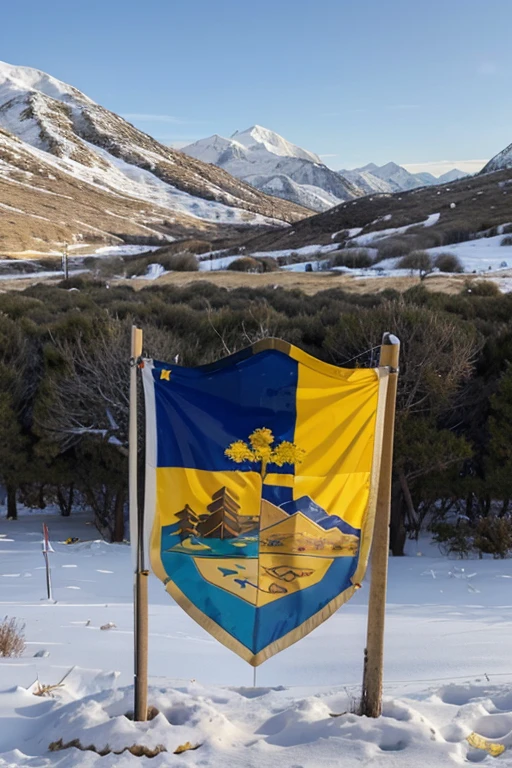 1 flag with blue and yellow colors, two olive branches, a snowy mountain in the background, progress and development represented in a national symbol (shield)
