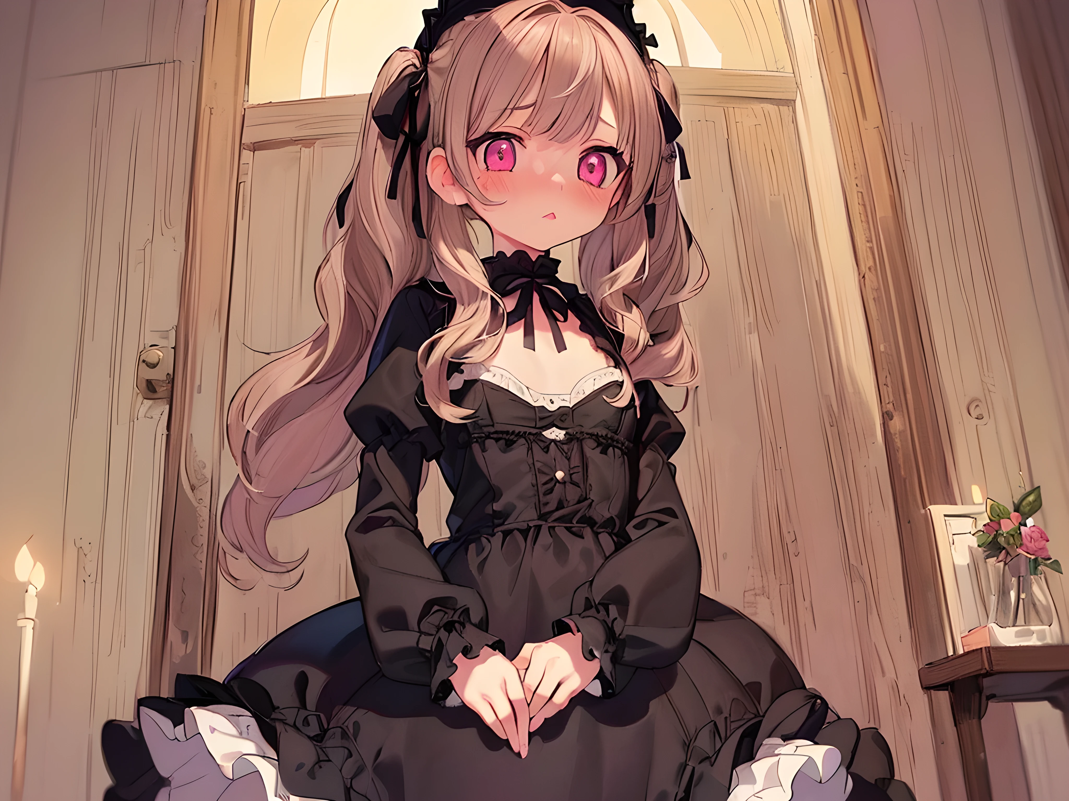 masterpiece, Highest quality, Very detailed, One girl, evaluation: Sensitive, ((Gothic Lolita Fashion, Black clothes, Frills)), ((Change of clothes, Open clothes, Unfinished garment, White bra, White panties)), (((17 years old, Pink Eyes, Cute eyes, Highlight Eyes:1.2, Very cute face, Hair Ribbon, Detailed Hair, Light brown hair, Long, thick, wavy twin tails:1.2, bangs, Medium chest, blush:1.3, shy:1.2, Lips parted))), Look at your own hands, View from below, ((Cowboy Shot)), bed
