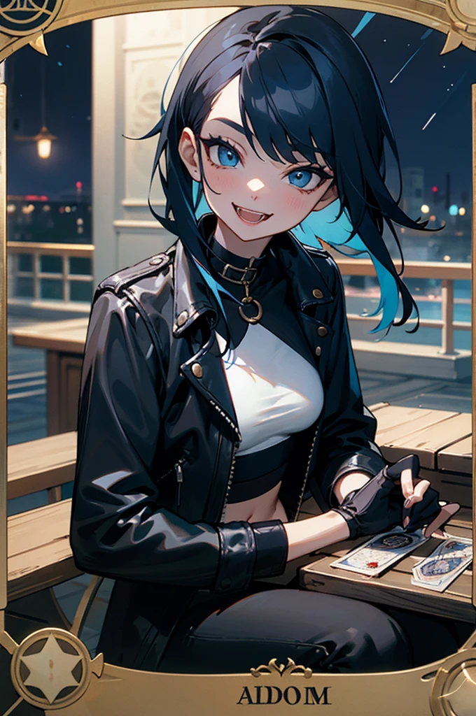 An older woman, punk rocker hair style, medium black hair with a blue streak, blue eyes, clear skin, wearing make-up, smiling, medium breasts, fangs, vampire, wearing a black leather jacket, wearing a small white top, black fingerless gloves, holding a deck of tarot cards, sitting at table, dim lighting, night time, inside, tarot cards on table