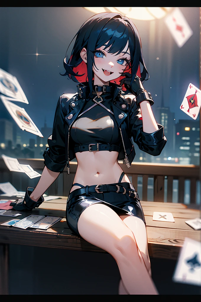 An older woman, punk rocker hair style, medium black hair with a blue streak, blue eyes, clear skin, wearing make-up, smiling, medium breasts, fangs, vampire, wearing a black leather jacket, wearing a small white top, black fingerless gloves, holding a deck of tarot cards, sitting at table, dim lighting, night time, inside, tarot cards on table