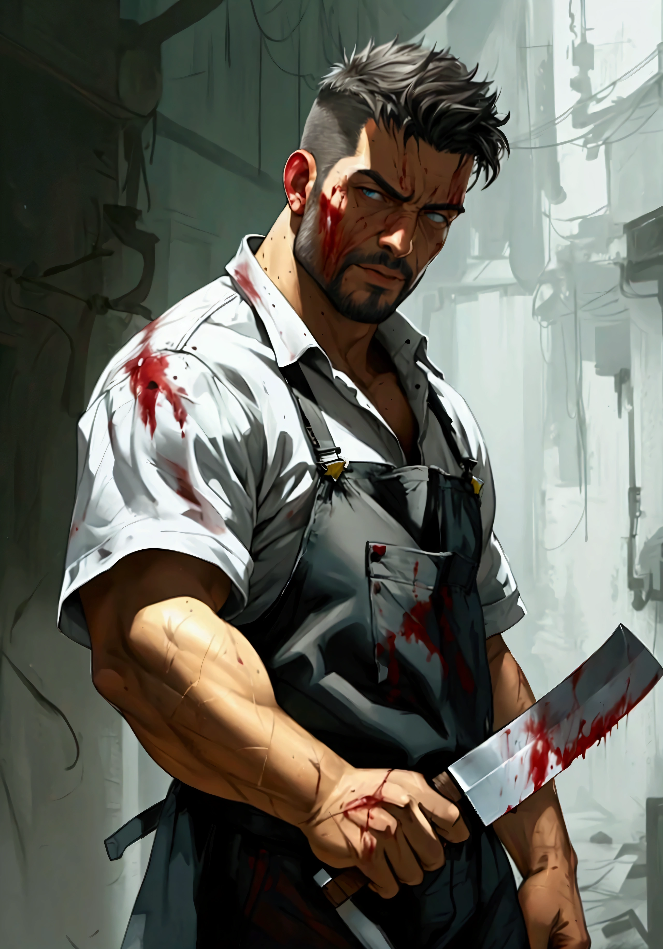 Realistic Digital Painting with Concept Art Elements"," digital painting," "concept art," "realistic," "high detail", "muscular man", "high-res", "ominous aura,", "8k resolution", "oil painting", "darker tone" , "little saturation" ,"dark feeling", "concept art" , "detailed features" , "detailed eyes" , Realistic Digital Painting with Concept Art Elements"," digital painting," "concept art," "realistic," "high detail", "muscular",, "high-res", "ominous aura,", "8k resolution", "oil painting", "darker tone" , "little saturation" ,"dark feeling", "concept art" , "detailed features" , "detailed eyes" "1man" , "large body" , "wearing a mask" , "butcher knife in hand", "serial killer" , "masculine imposing figure" , "wearing tattered overalls" , "short hair" , " Pale skin" , "Scarred body" , "1 male!" , "large body" , "dripping with blood" , "clothes coated in blood.
