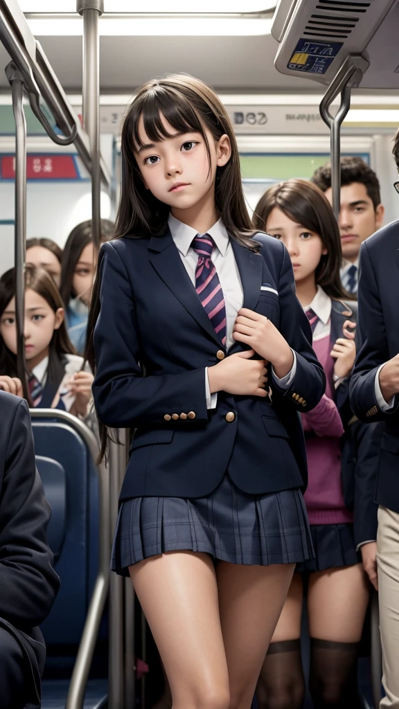 13 year old girl, crowded train, school uniform, embarrassed, being groped, nsfw,