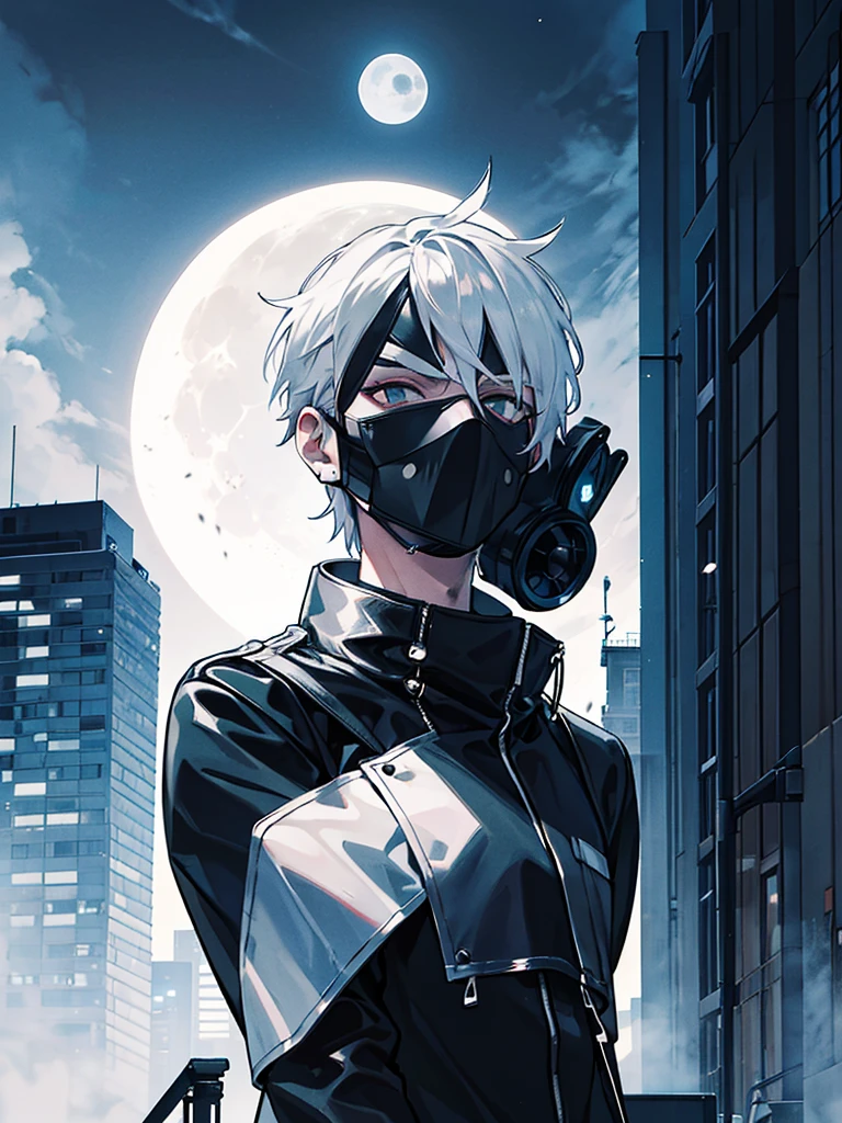 masked spy wearing all black clothing, with his entire face covered by a cybernetic mask, with white hair, with silver hoop earrings in his ear, on top of a building with the moon in the background