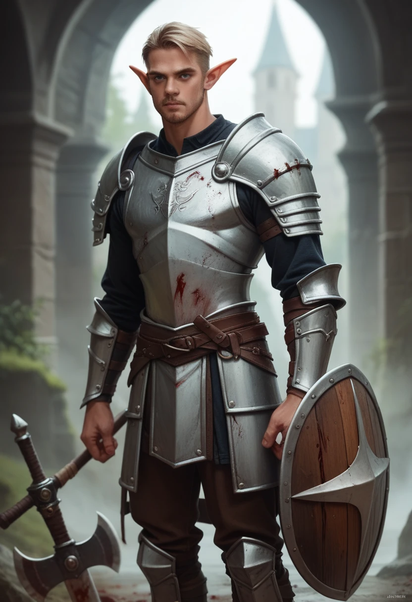 Draw in dark fantasy style, skinny, high male elf, bloody axe, shield, white plate armor