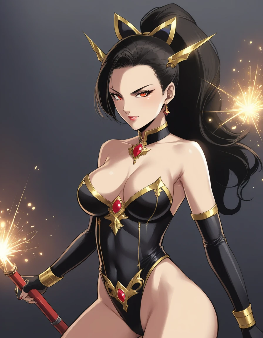 atmosfera oleosa sombria 4D style cat leona sexy picture of a -up magical girl sexy cute mature face hair asian tranças black + gold with some puled up into a false ponytail girl is a beautiful dark black theme with glitter and sparkles perfect red eye creating a glamorous and aesthetic effect. sharp focus emitting diodes smoke artillery sparks racks system unit motherboard by pascal blanche rutkowski repin artstation hyperrealism painting concept art of detailed