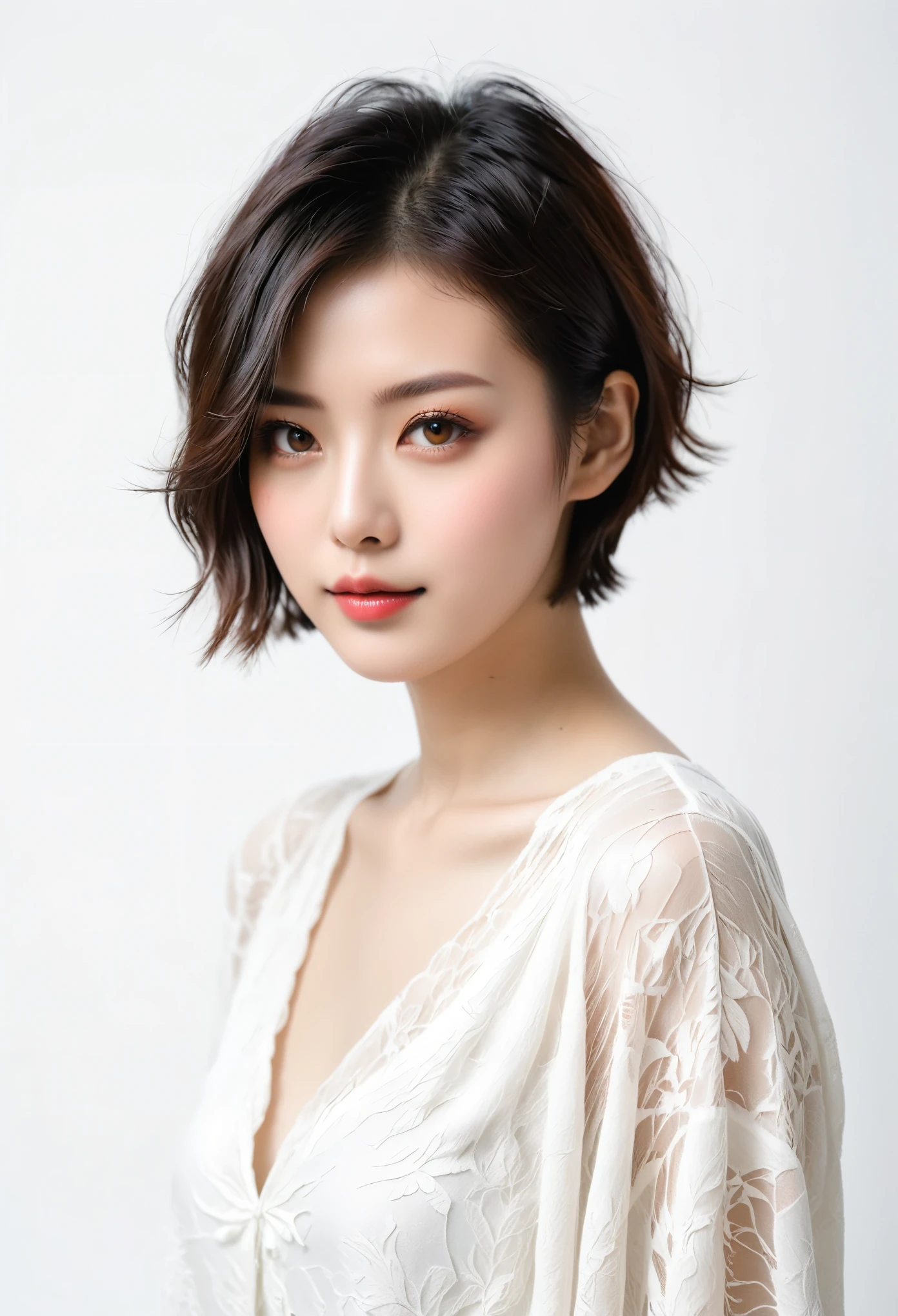 beautiful Japanese woman with short hair , white background