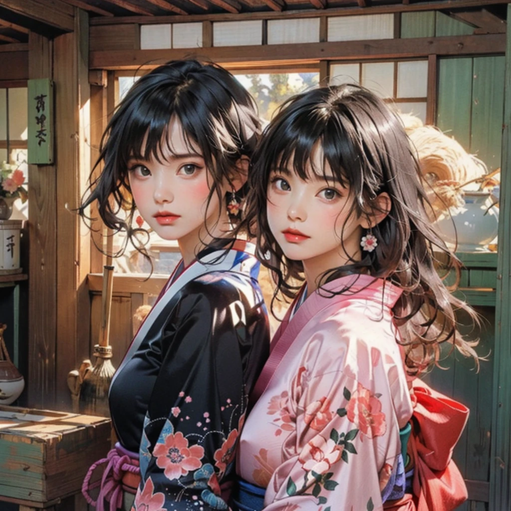 (highest quality、8k、32k、masterpiece)、(masterpiece, up to date,Exceptional:1.2), Anime, One girl,Front hair,black_hair, Beautiful 8k eyes,Looking_in_Audience,One person in,Are standing,((Very beautiful woman, Fuller lips, Japanese pintern kimono))、((Colorful Japanese kimono)))、(((Medium Shot)))、Blunt bung、(High resolution)、Very beautiful face and eyes、1 girl 、Round and small face、Narrow waist、delicine body、(highest quality high detail Rich skin details)、(highest quality、8k、Oil paints:1.2)、Very detailed、(Realistic、Realistic:1.37)、Bright colors、(((blackhair)))、(((longhair)))、(((cowboy pictures)))、((( Inside an old Japanese house)))、(masterpiece, highest quality, highest quality, Official Art, beautifully、aesthetic:1.2), (One girl), Very detailedな,(Fractal Art:1.3),colorful,Most detailed,Sengoku period(High resolution)、Very beautiful face and eyes、1 girl 、Round and small face、Tight waist、Delicine body、(highest quality high detail Rich skin details)、(highest quality、8k、Oil paints:1.2)、(Realistic、Realistic:1.37)、Greg Rutkowski Written by Alphonse Mucha Ropp, sun lips