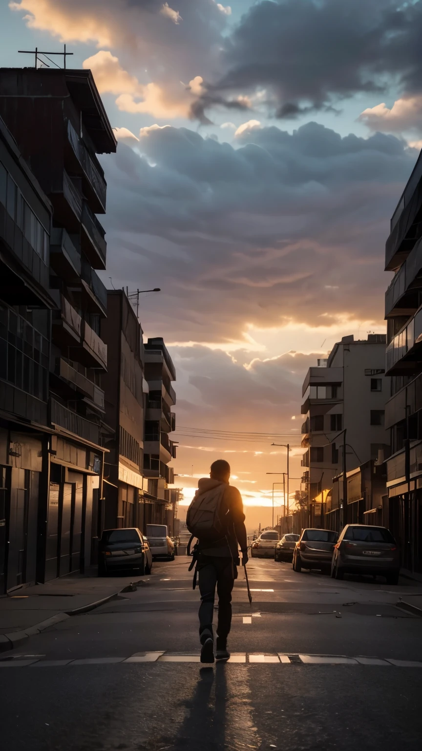 “In the fading light of a dramatic sunset, a lone figure walks through a desolate urban street. Their silhouette is stark against the decaying buildings, and they carry a large sack over their shoulder. Despite exhaustion, determination and resilience shine through as they continue their journey.”