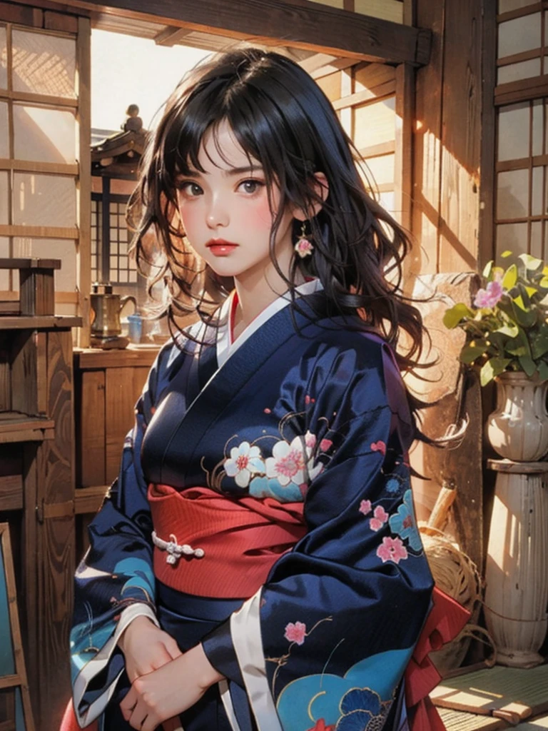 (highest quality、8k、32k、masterpiece)、(masterpiece, up to date,Exceptional:1.2), Anime, One girl,Front hair,black_hair, Beautiful 8k eyes,Looking_in_Audience,One person in,Are standing,((Very beautiful woman, Fuller lips, Japanese pintern kimono))、((Colorful Japanese kimono)))、(((Medium Shot)))、Blunt bung、(High resolution)、Very beautiful face and eyes、1 girl 、Round and small face、Narrow waist、delicine body、(highest quality high detail Rich skin details)、(highest quality、8k、Oil paints:1.2)、Very detailed、(Realistic、Realistic:1.37)、Bright colors、(((blackhair)))、(((longhair)))、(((cowboy pictures)))、((( Inside an old Japanese house)))、(masterpiece, highest quality, highest quality, Official Art, beautifully、aesthetic:1.2), (One girl), Very detailedな,(Fractal Art:1.3),colorful,Most detailed,Sengoku period(High resolution)、Very beautiful face and eyes、1 girl 、Round and small face、Tight waist、Delicine body、(highest quality high detail Rich skin details)、(highest quality、8k、Oil paints:1.2)、(Realistic、Realistic:1.37)、Greg Rutkowski Written by Alphonse Mucha Ropp, sun lips