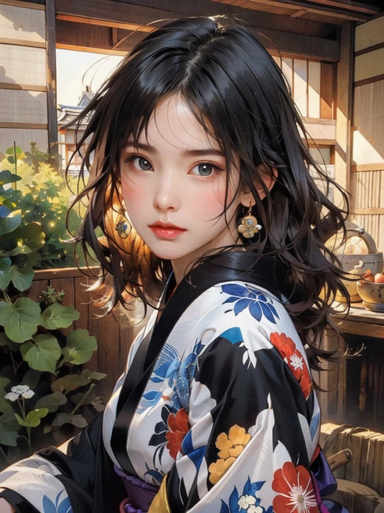 (highest quality、8k、32k、masterpiece)、(masterpiece, up to date,Exceptional:1.2), Anime, One girl,Front hair,black_hair, Beautiful 8k eyes,Looking_in_Audience,One person in,Are standing,((Very beautiful woman, Fuller lips, Japanese pintern kimono))、((Colorful Japanese kimono)))、(((Medium Shot)))、Blunt bung、(High resolution)、Very beautiful face and eyes、1 girl 、Round and small face、Narrow waist、delicine body、(highest quality high detail Rich skin details)、(highest quality、8k、Oil paints:1.2)、Very detailed、(Realistic、Realistic:1.37)、Bright colors、(((blackhair)))、(((longhair)))、(((cowboy pictures)))、((( Inside an old Japanese house)))、(masterpiece, highest quality, highest quality, Official Art, beautifully、aesthetic:1.2), (One girl), Very detailedな,(Fractal Art:1.3),colorful,Most detailed,Sengoku period(High resolution)、Very beautiful face and eyes、1 girl 、Round and small face、Tight waist、Delicine body、(highest quality high detail Rich skin details)、(highest quality、8k、Oil paints:1.2)、(Realistic、Realistic:1.37)、Greg Rutkowski Written by Alphonse Mucha Ropp, sun lips