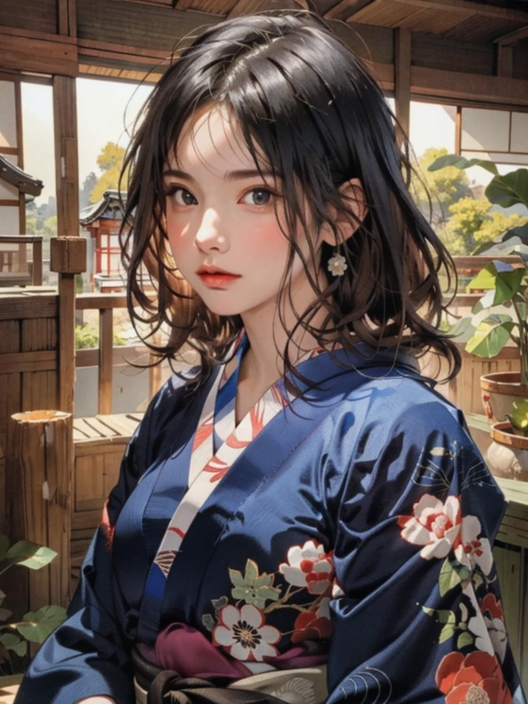 (highest quality、8k、32k、masterpiece)、(masterpiece, up to date,Exceptional:1.2), Anime, One girl,Front hair,black_hair, Beautiful 8k eyes,Looking_in_Audience,One person in,Are standing,((Very beautiful woman, Fuller lips, Japanese pintern kimono))、((Colorful Japanese kimono)))、(((Medium Shot)))、Blunt bung、(High resolution)、Very beautiful face and eyes、1 girl 、Round and small face、Narrow waist、delicine body、(highest quality high detail Rich skin details)、(highest quality、8k、Oil paints:1.2)、Very detailed、(Realistic、Realistic:1.37)、Bright colors、(((blackhair)))、(((longhair)))、(((cowboy pictures)))、((( Inside an old Japanese house)))、(masterpiece, highest quality, highest quality, Official Art, beautifully、aesthetic:1.2), (One girl), Very detailedな,(Fractal Art:1.3),colorful,Most detailed,Sengoku period(High resolution)、Very beautiful face and eyes、1 girl 、Round and small face、Tight waist、Delicine body、(highest quality high detail Rich skin details)、(highest quality、8k、Oil paints:1.2)、(Realistic、Realistic:1.37)、Greg Rutkowski Written by Alphonse Mucha Ropp, sun lips