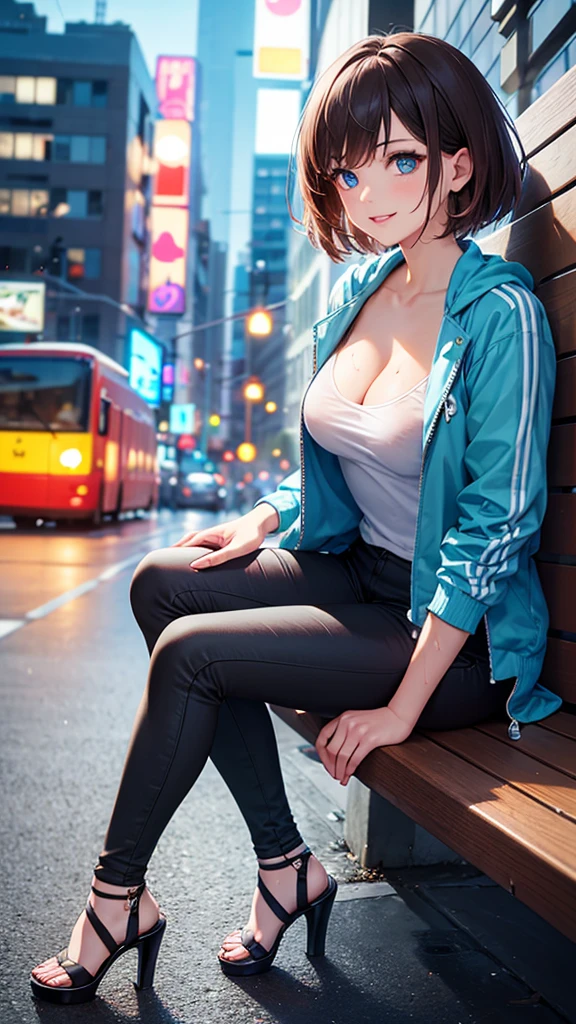 Top quality, realistic, city at night, wet ground, neon lights, backlit, (1 adult female), small breasts, close up of lips, short hair, blowing in the wind, shiny red lips, closed mouth, blue topaz eyes, slanted eyes, smiling, cleavage, sitting on bench, nylon jacket, detailed pattern, loose fitting t-shirt, loose fitting nylon pants, high heel sandals,