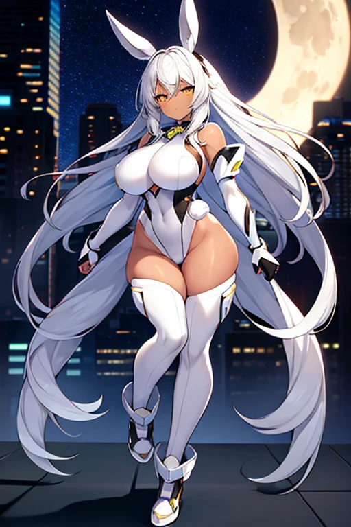 1girl, dark-skinned female, breasts, large breasts, wide hips, white hair, silver hair, grey hair, long hair, yellow eyes, serious, leotard, black leotard, futuristic, tech, science-fiction, machinery, neon, neon trim, neon lights, full body, ((full body)), bare legs, city, moon, nightsky, night sky, night, rabbit ears, mature female