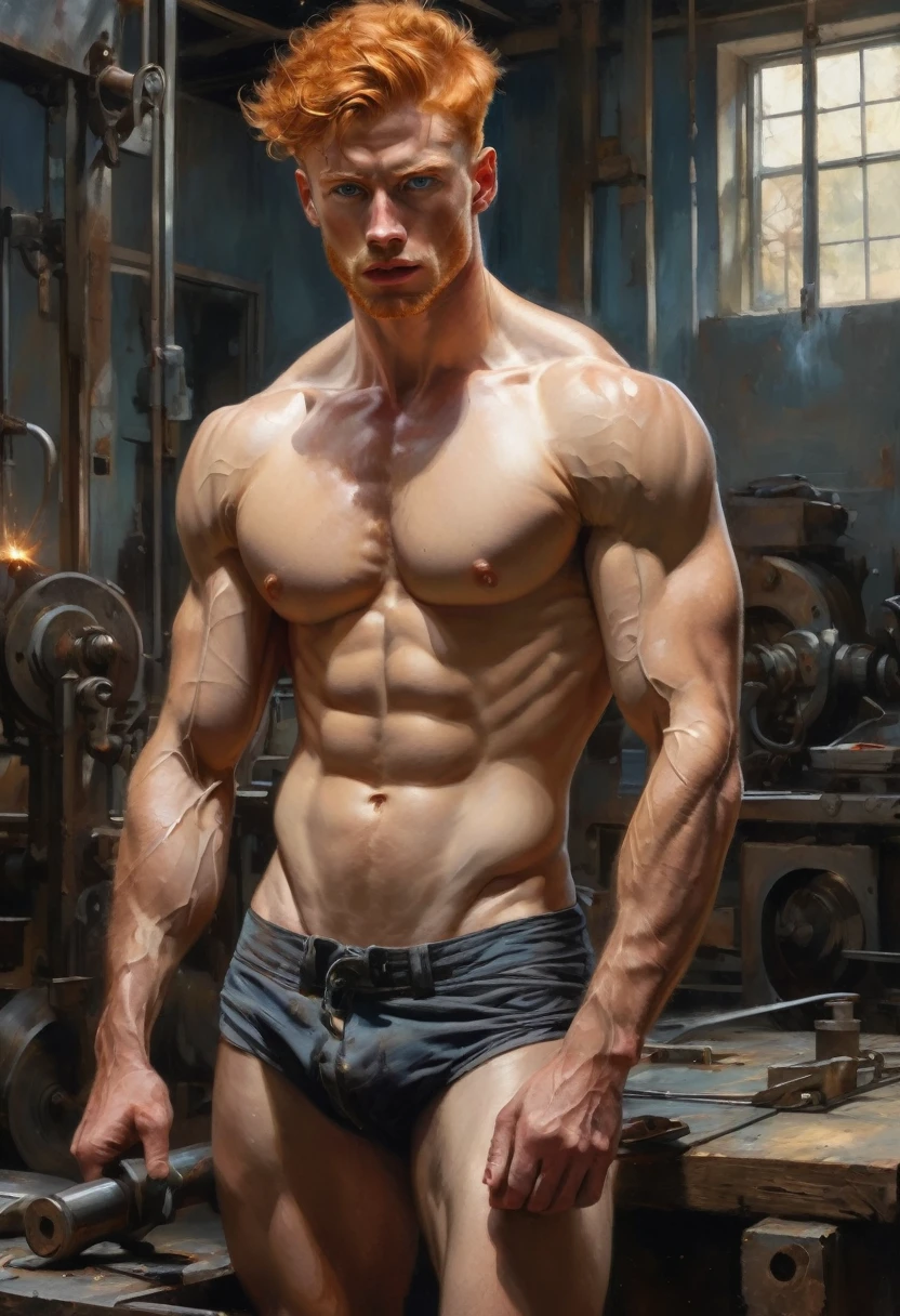 ((fullbody_homoerotism_nsfw)

reflect the strength and masculinity of European, 20 years old, workers shirtless, barefoot,  Caucasian ethnic physical characteristics 

Industry: Metallurgy
Background: Metal workshop with sparks flying.
Leg Position: Spread apart, in a stable stance.
Arm Position: Holding a welding tool.
Action: Welding metal.
Color Palette: Grays and oranges.
Facial Expression: Focused and serious.
Model’s Facial and Physical Characteristics: Serious face, strong and 

((Highlight the rippling muscles evoking the strength, symmetry, beauty of the male body.)) 

by Aaron Horkey and Jeremy Mann, masterpiece, best quality, Photorealistic, ultra-high resolution, photographic light, illustration by MSchiffer, fairytale, Hyper detailed 

A mixture of photography and painting, simetryc Composition, Perfect Divine Proportione, 8k resolution fullbody image body, oil painting 

fullbody image,(( view from low view))

A young man, white skin, ginger, barbed, hairy body,  thin face, straight nose, thin lips, square chin, large light blue eyes, short red wavy hair, in roberto ferri style, aesthetic slim athletic body, ginger realistic skin, gorgeous, detailed tonned muscles, barefoot,  perfect anatomy, muscled fitness body,   

Young man, perfect anatomy, , energetic splendid, Barefoot, naked, small flacid penis,  slim and detailed muscles, shirtless, pantless, fullbody, wearing sandals, the composition of shadows and lights give an atmosphere of spaciousness, 

