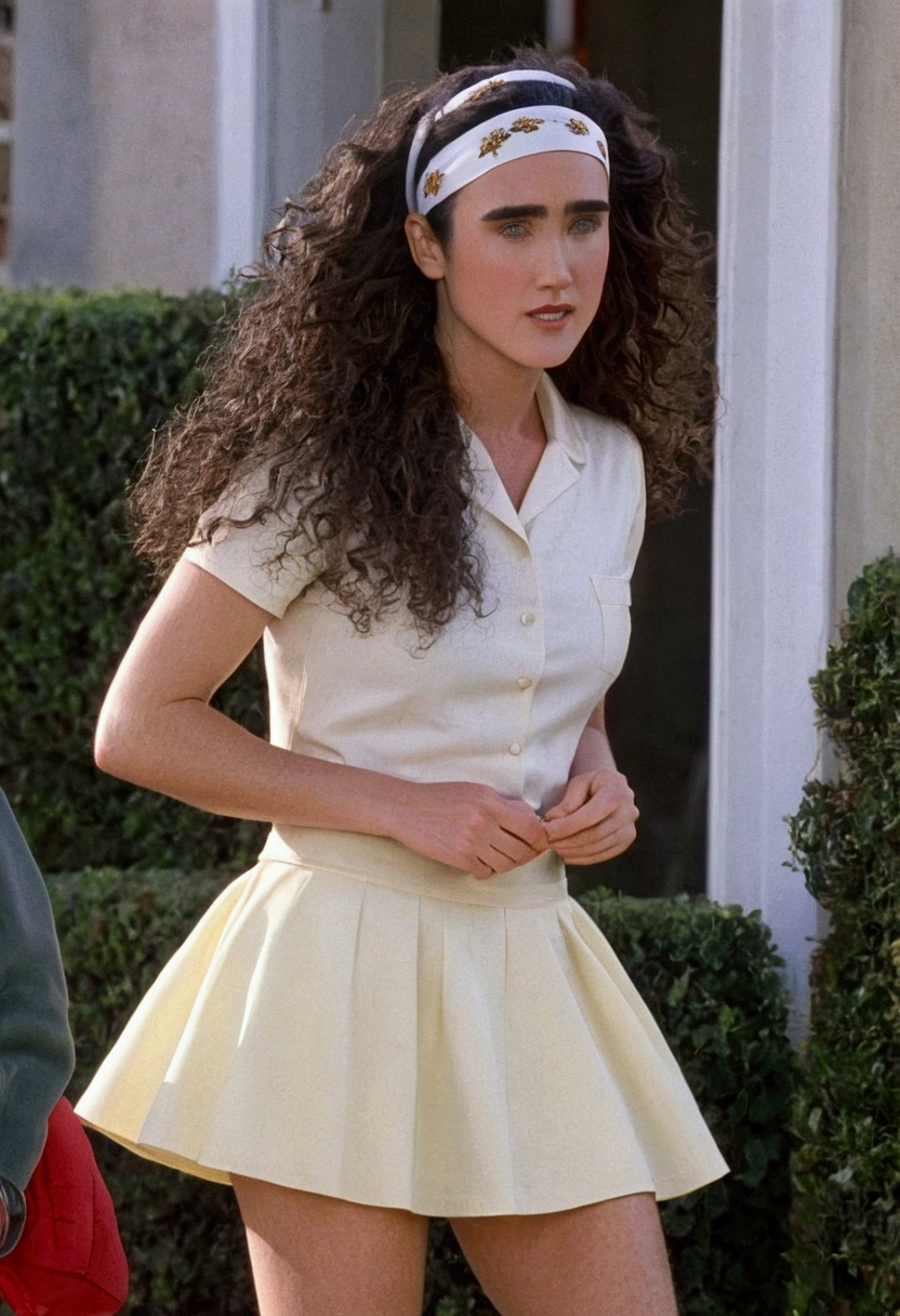 Jennifer  Connelly, very long curly hair,  very tiny miniskirt,  pantyhose,  head band,  sun shiny day 