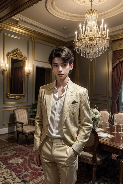 a young boy, approximately 10 years, is in an elegant mansion. He is standing, with arms crossed over chest, displaying an expression of confidence and curiosity. The environment around you is luxurious, with refined furniture, gold details and classic decor. The background reveals a grand room, with a large crystal chandelier, sophisticated tapestries and a large window that lets in natural light. The boy wears an elegant shirt and pants, matching the opulence of the environment. The contrast between the boy&#39;s posture and the sophisticated environment highlights his charm and presence..