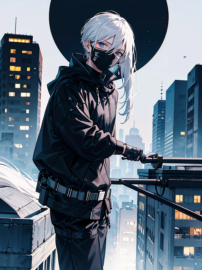 masked spy wearing all black clothing, with his entire face covered by a cybernetic mask, with white hair, with silver hoop earrings in his ear, alone on top of a building with the moon in the background