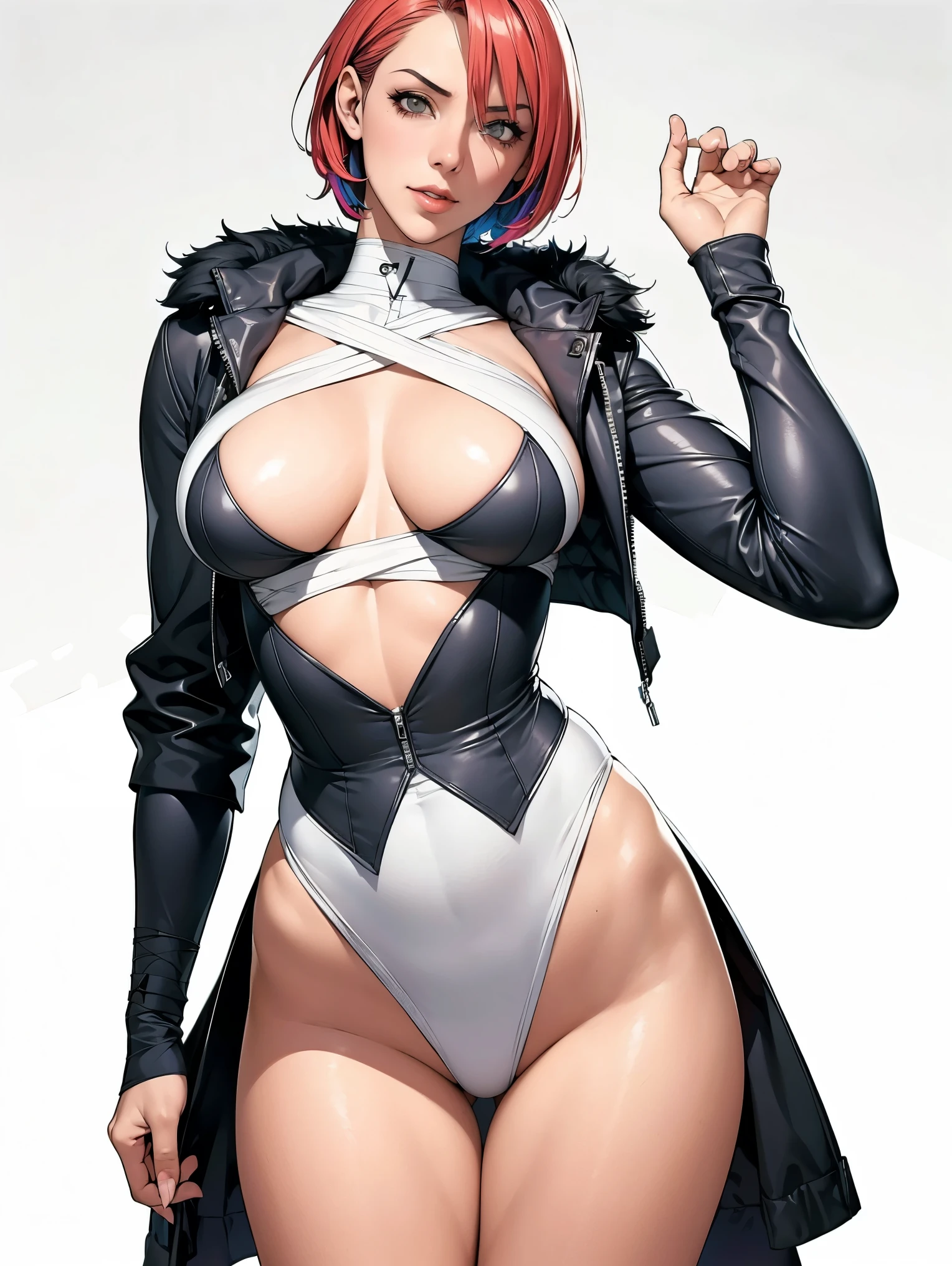 (((Annie Lennox))), (((colorful suit))), (scars), (((bandaged arms))), (((colorful clothes))) (( hood)), (((best quality: 1.4))), (Unbeatable masterpiece), (hyper HD),(CG 8k hyper-realistic), beautiful face, (((breasts big))), (((hyper feminine))), sexly girl, black tattoo,(ultra short red hair with white highlights)), ((( sculptural body ))), (((1 Kizi))), Kizi tatuada de 25 anos com perfect body,,Beautiful and well-groomed face, (round face), muscular body:1.2,solid color detailed jacket, (Head to thigh photos), Complex equipment, ,Tight clothes,With white stars and off-white stripes,,,,,Armor Metal Electronic Parts, Poison tattoos ) INFO, Kizi, (((standing alone))), , 24歳, sexy, pose de attitude, work of art, dancing, ((slight smile)), post-apocalypse, (((manga style))), bounty hunter, the way you want, perfect body, roupa moderna, advanced technology, white, yellow accent, black, red accent, fur collar jacket, sleeves with vertical striped pattern, background city, (( cowboy shot )). intricate visual, narrow waist, (((wide hips))), wide hips, fit thighs, (((thigh gap))), Thigh gap, background shows a futuristic airplane, open expression, expression happy