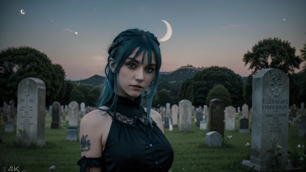 Extremely detailed 4k photograph of a goth girl with blue hair, green eyes, seductive gaze and soft smile, in a graveyard with nameless graves and the moon in the sky