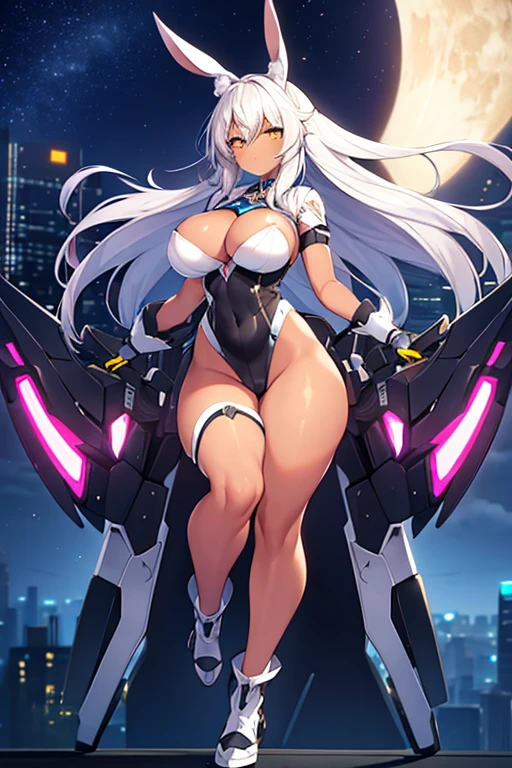 1girl, dark-skinned female, breasts, large breasts, wide hips, white hair, silver hair, grey hair, long hair, yellow eyes, serious, leotard, black leotard, futuristic, tech, science-fiction, machinery, neon, neon trim, neon lights, full body, ((full body)), bare legs, city, moon, nightsky, night sky, night, rabbit ears, mature female